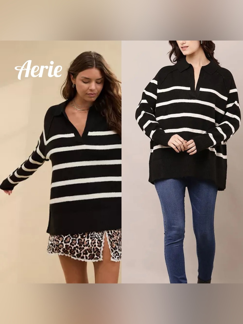 Aerie Black and White Striped Collared Pullover Sweater
